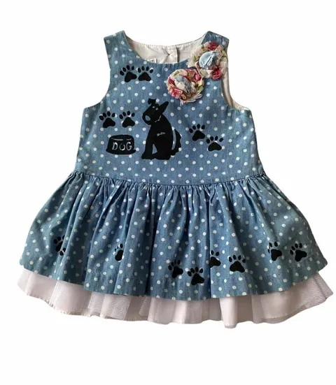 Blue polka-dot dress stamped with a puppy, dog bowl and paw prints, with a tulle underskirt